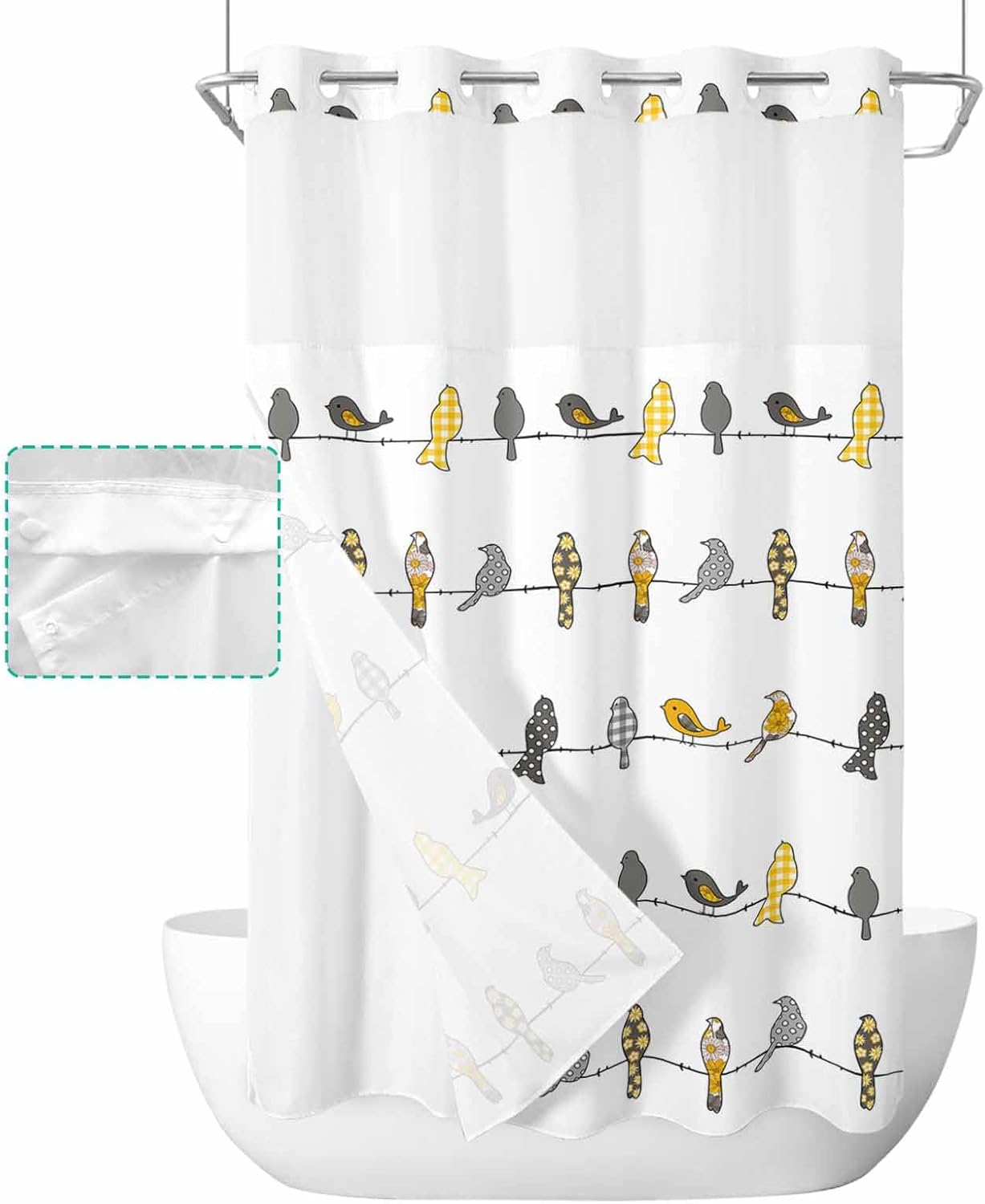 Prime Leader No Hook Floral Shower Curtain with Snap in Liner Birds on The Wire Yellow Grey Orange Shower Curtain for Bathroom, Fabric Waterproof Inner Liner, Hotel Style with Mesh Top Window, 36x78