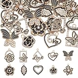 SUNNYCLUE 1 Box 40Pcs 10 Styles Rhinestones Charms Love Charm Bulk Heart Flower Butterfly Leaf Hollow Black Gold Valentines Day Charm for Jewelry Making Charms Supplies DIY Necklace Bracelet Earrings