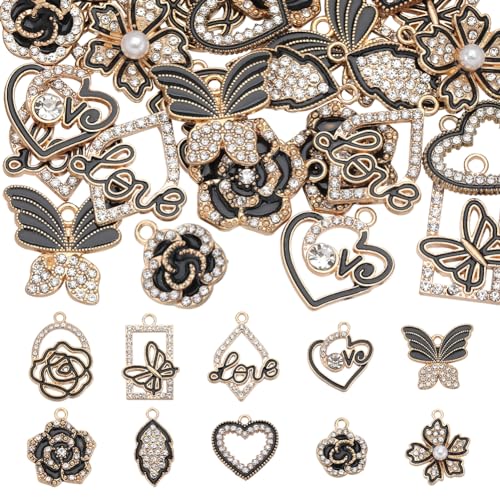 SUNNYCLUE 1 Box 40Pcs 10 Styles Valentines Day Rhinestones Charms Love Charm Bulk Heart Flower Butterfly Leaf Hollow Black Gold Charm for Jewellery Making Charms DIY Necklace Bracelet Earrings