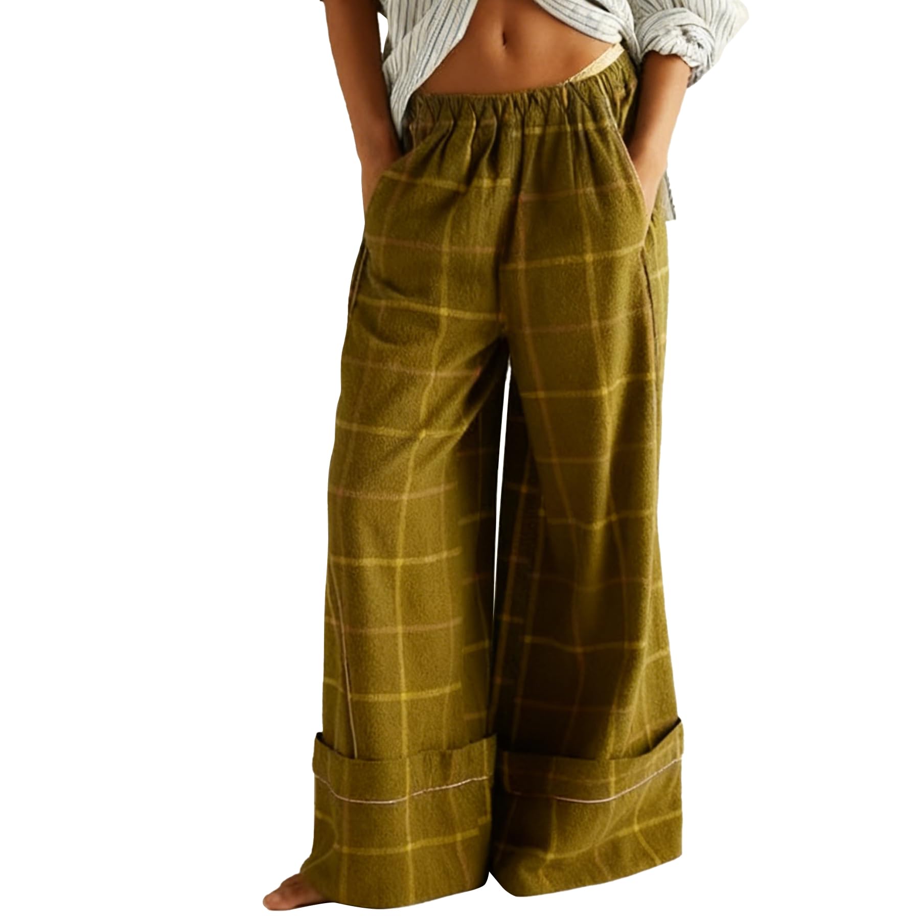 Ainangua Plaid Wide Leg Pants for Women Casual Mid Rise Striped Lounge Pants Cozy Elastic Waist Trousers with