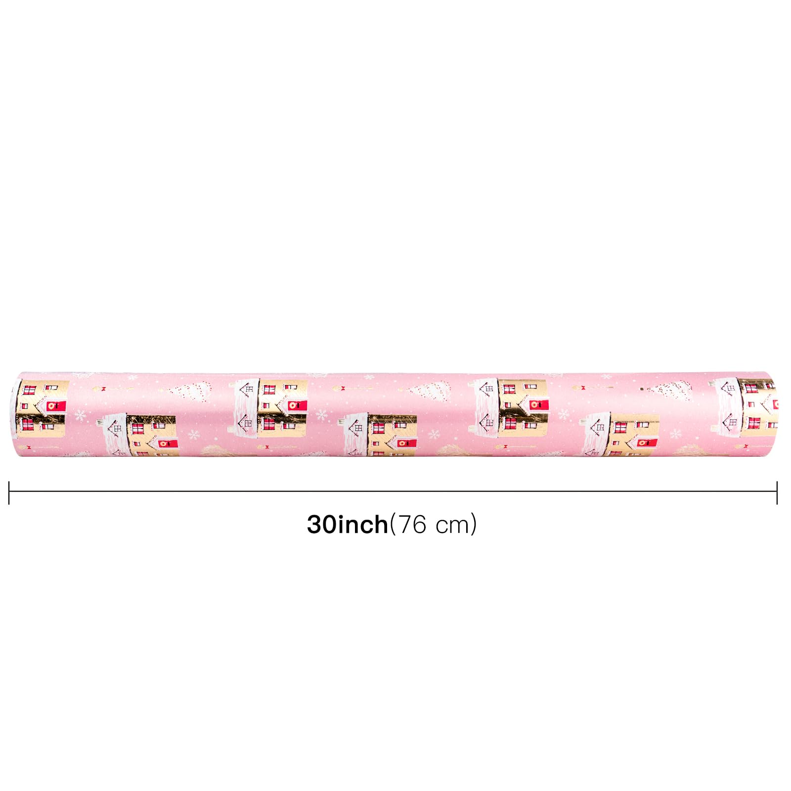 WRAPAHOLIC 30 Inch Jumbo Reversible Christmas Wrapping Paper - 30 Inch x 100 Feet Jumbo Roll Pink House and Solid Pink Wrapping Paper with Metallic Foil Shine for Chrsitmas, Holiday, Party