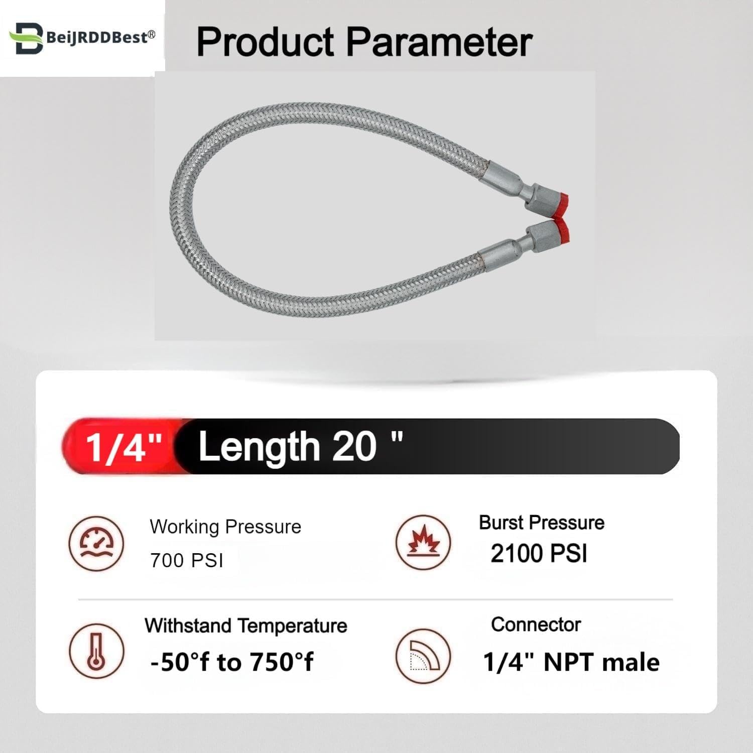 Industrial-Grade Stainless Steel 1/4" Compressor Jumper Hose, 1/4" NPT male，20" Length，750°F，450 PSI，Both Sides Fittings Rotate Freely