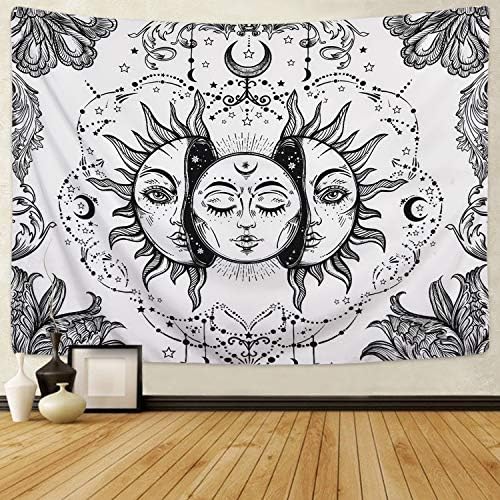 Likiyol Sun and Moon Tapestry Black and White Tapestry Psychedelic Fractal Faces Tapestry Wall Hanging, Durable Easy to Hanging Machine Washable