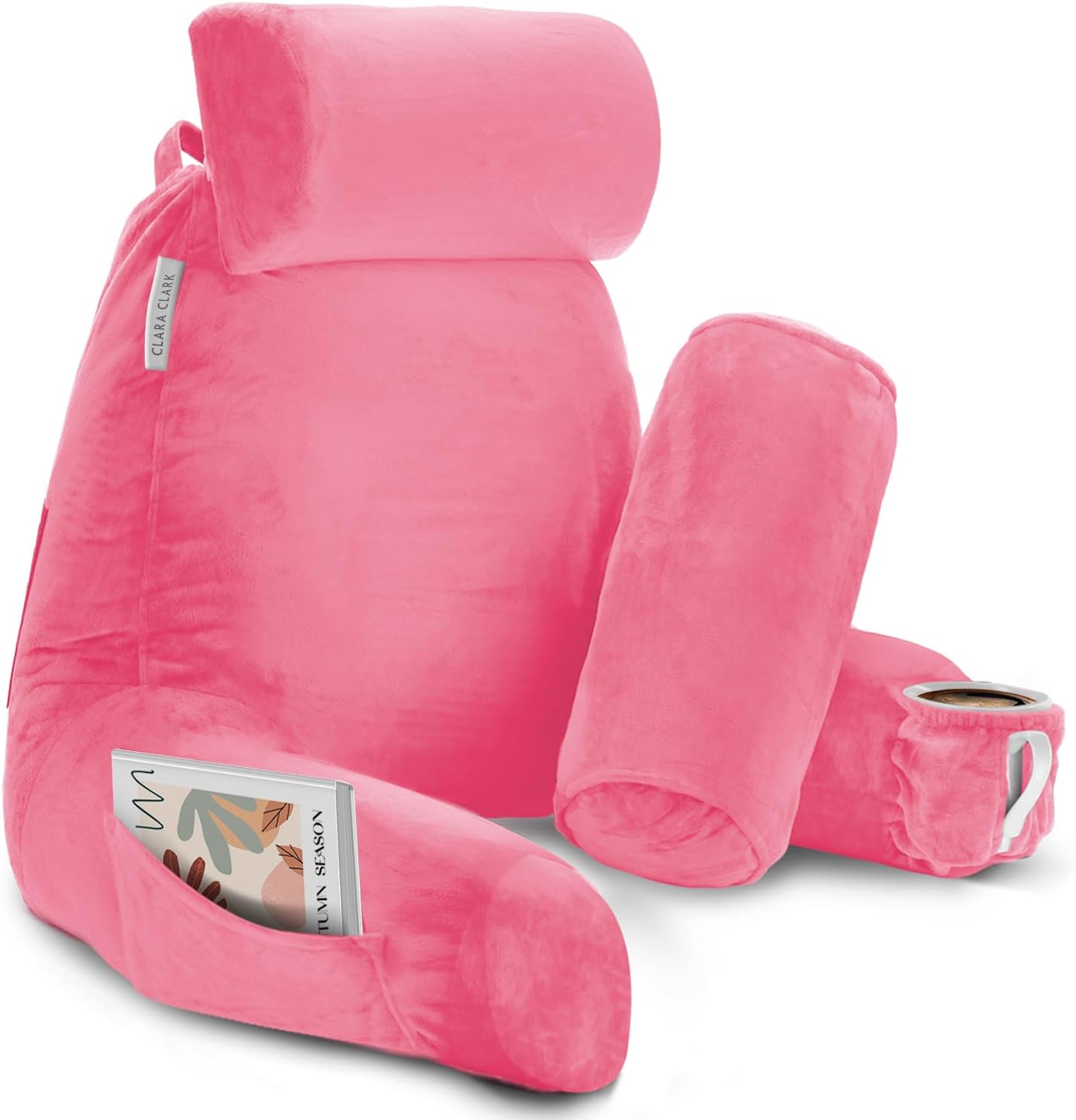 Clara Clark Reading Pillow with Shredded Memory Foam Includes 2 Neck and Lumber Support Pillows, Designed for Sitting Up in Bed and Couch Back and Arms Adjustable Support for Adults & Teens Light Pink