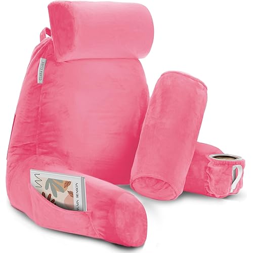 Clara Clark Reading Pillow with Shredded Memory Foam Includes 2 Neck and Lumber Support Pillows, Designed for Sitting Up in Bed and Couch Back and Arms Adjustable Support for Adults & Teens Light Pink