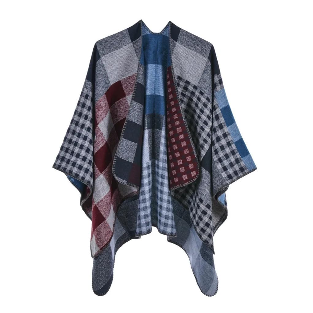 Suéter de punto para mujer, chal de doble cara, poncho de calle, otoño e invierno, capas a cuadros, capas rojas