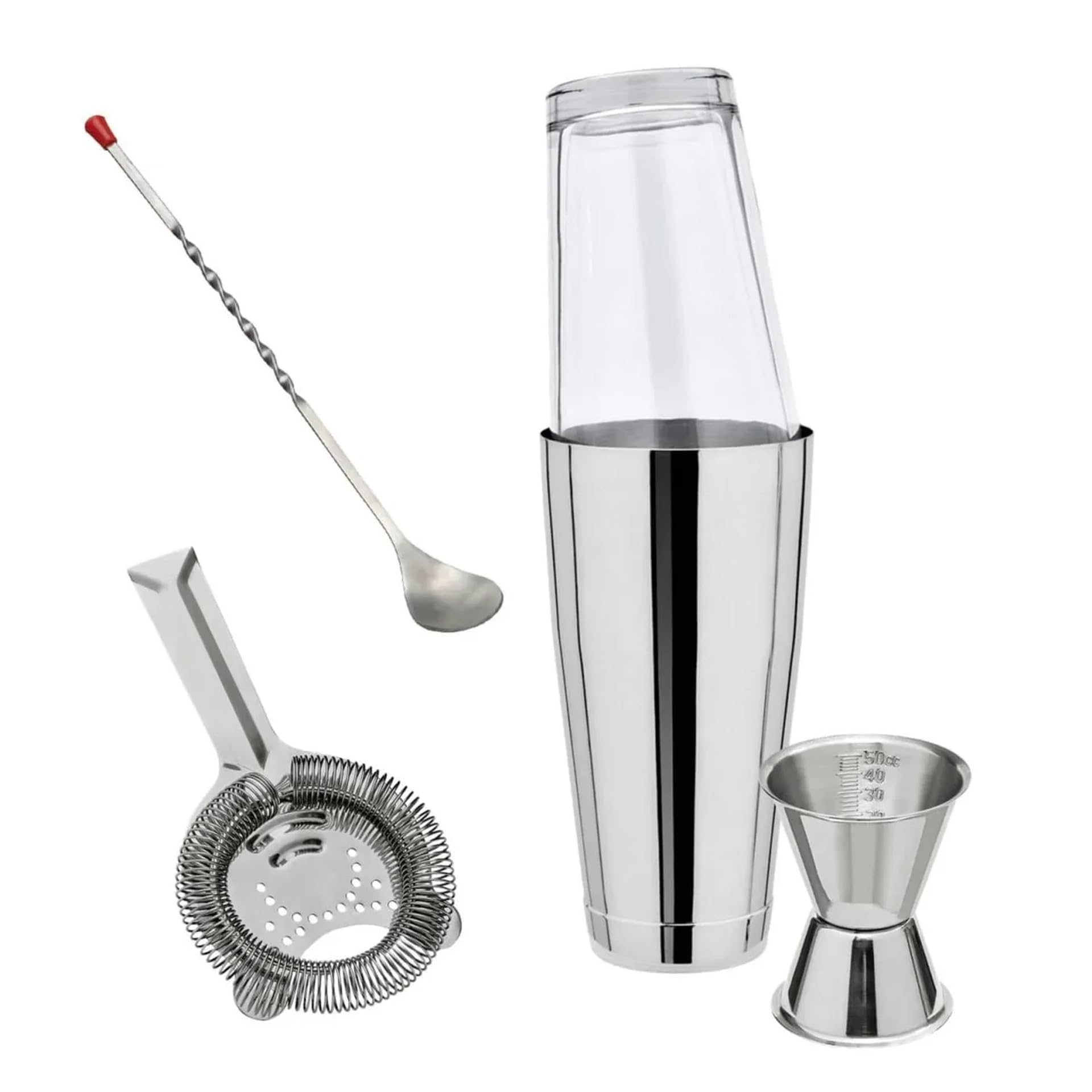 Set de Coctelería Shaker Boston con Vaso Mezclador Original, jigger Medidor, Colador Hawthorne y Cuchara de bar, Acero inoxidable 304, 828 ml