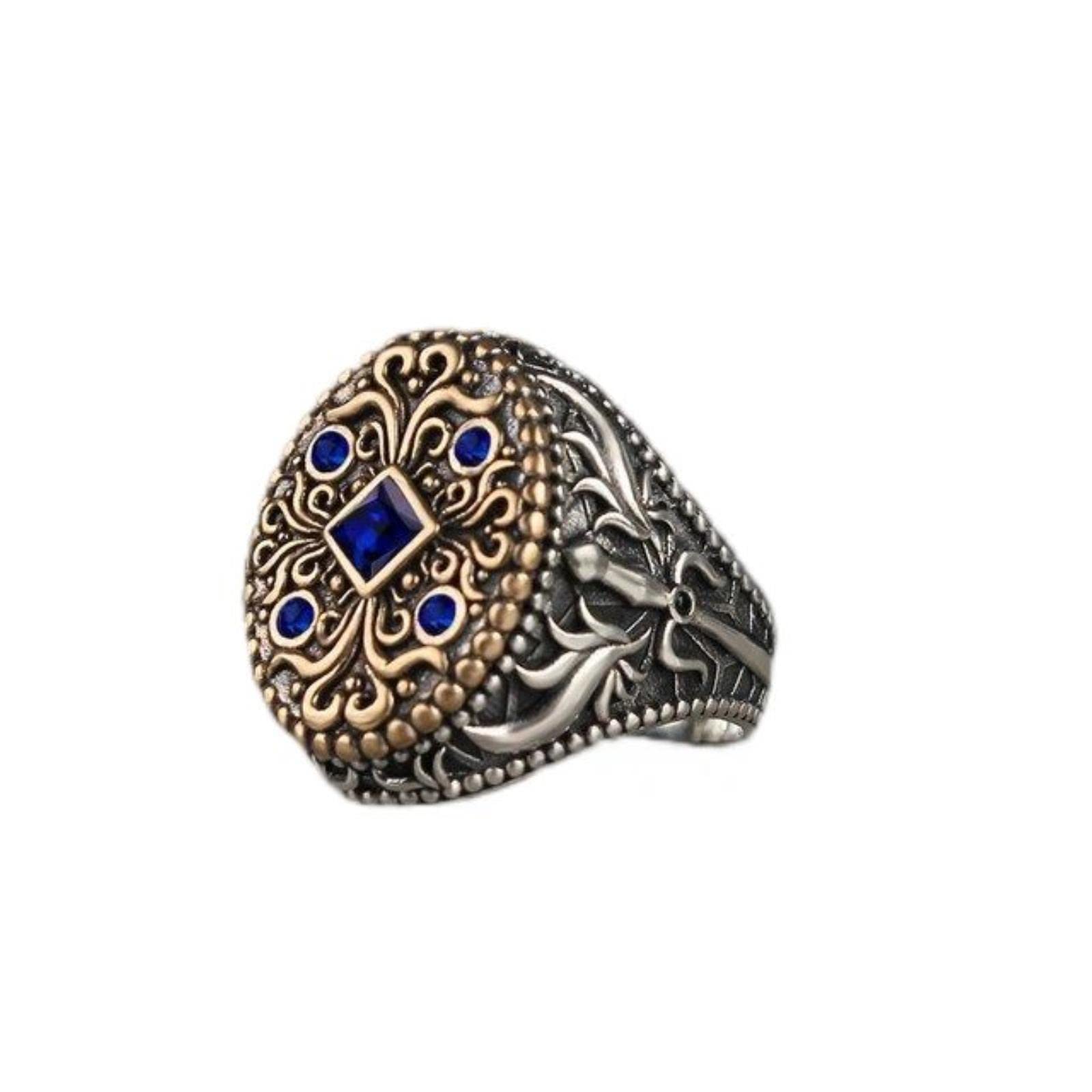 Wszjln Men's 24 Retro Handmade Turkish Signet Rings For Ancient Silver Color Carved Eagle Ring Mystic Zircon Inlay New Punk Motor Biker Ring-13,