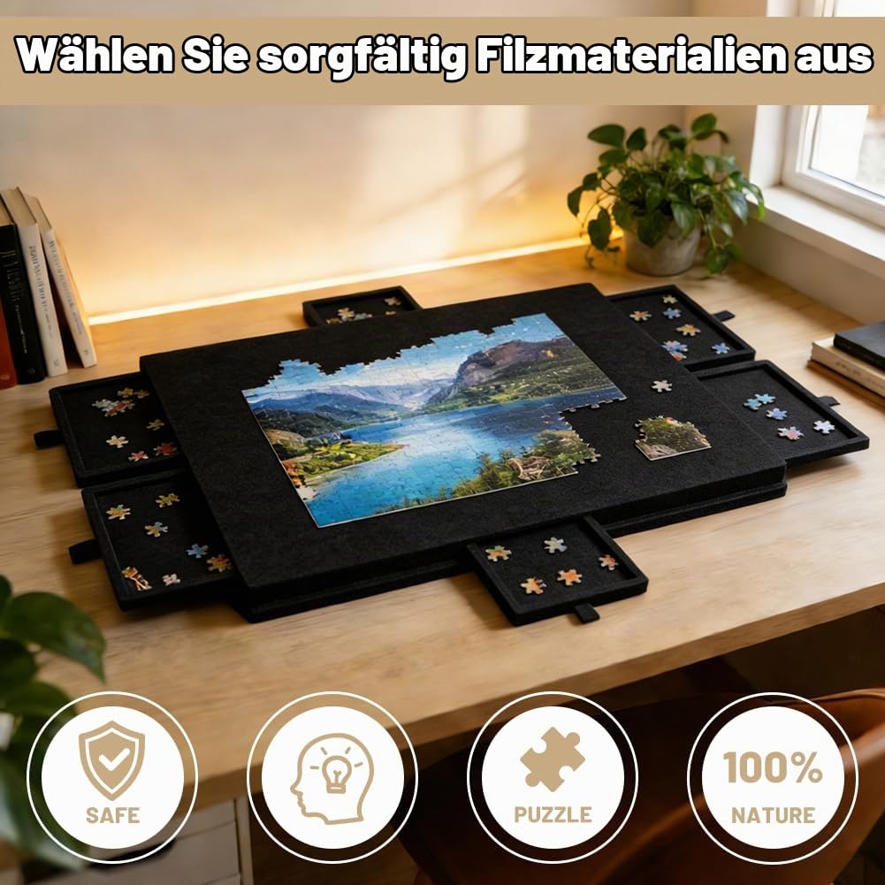 Puzzletisch 1000 Teile, Tragbarer Puzzlebrett mit 6 Schubladen, Schwarz | Leichter Filz-Aufbewahrungskoffer, Tragbare Puzzle Aufbewahrung für 1000 Teile, Kippbarer Puzzletisch, für Erwachsene Kinder
