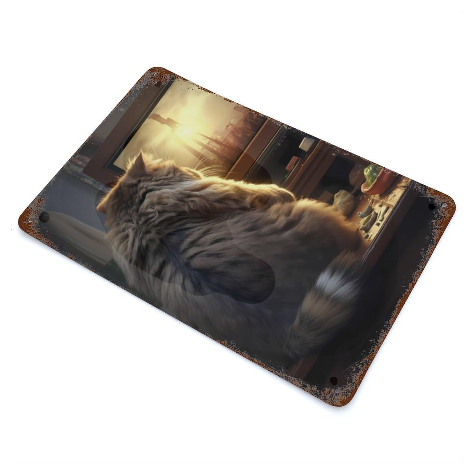 Fat Cat Watching Tv Rust Effect Tin Sign 11.8"x7.9", Novelty Wall Decor for Garage, Pub Or Kitchen