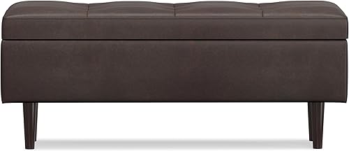 Miniatura 6 de SIMPLIHOME Shay - Otomana rectangular moderna de 48 pulgadas de ancho de mediados de siglo en piel sintética vegana marrón castaño envejecido, para