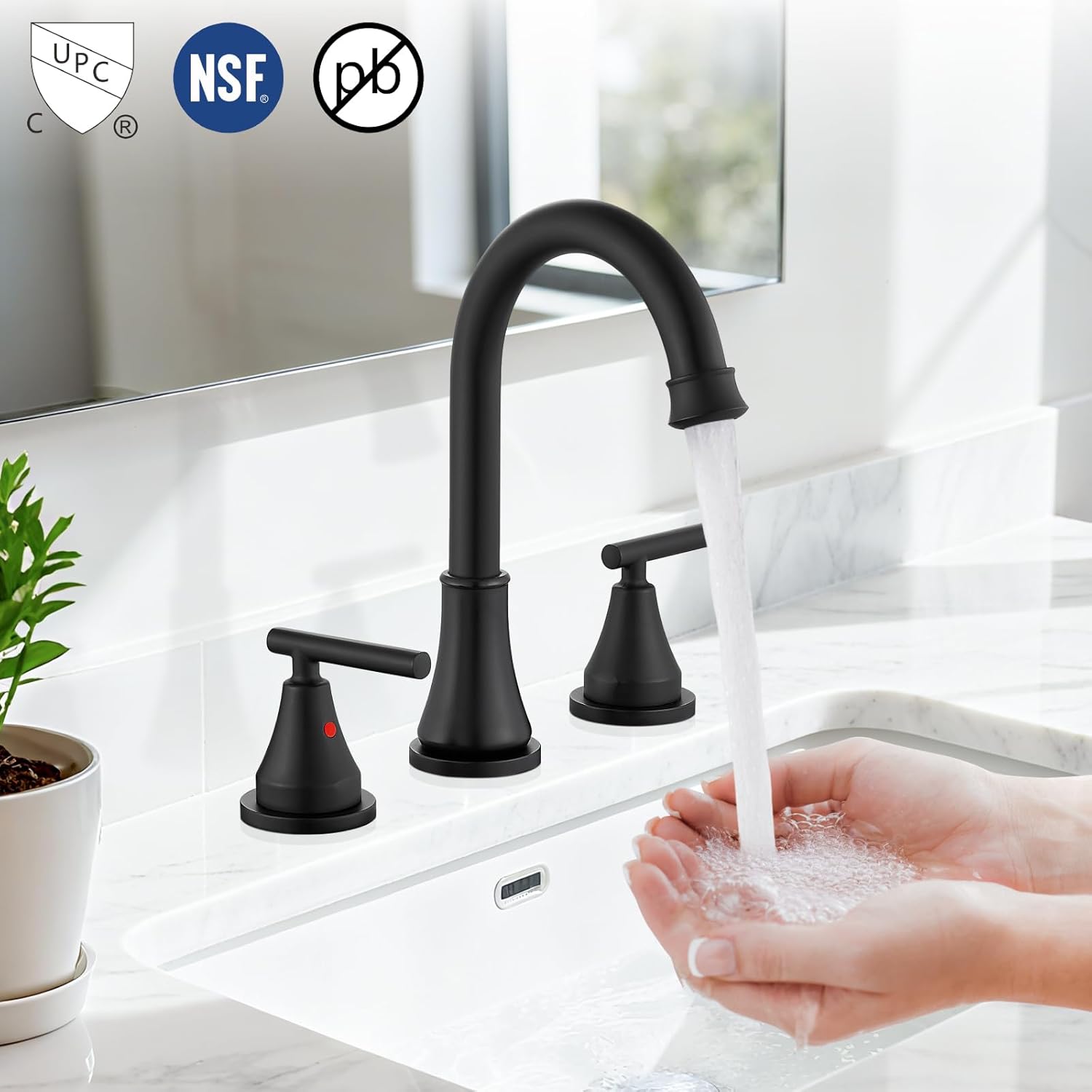 Widespread Bathroom Faucet 3 Hole, 8 inch Bathroom Sink Faucet with Pop-up Drain and Supply Lines, Two Handles, Stainless Steel, Matte Black