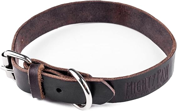 Mighty Paw Leather Dog Collar - Genuine Distressed Leather - Strong Metal Buckle - Ultimate Comfort - Modern Style for All Dogs Breeds - Comfort Puppy Collar - Medium - Brown
