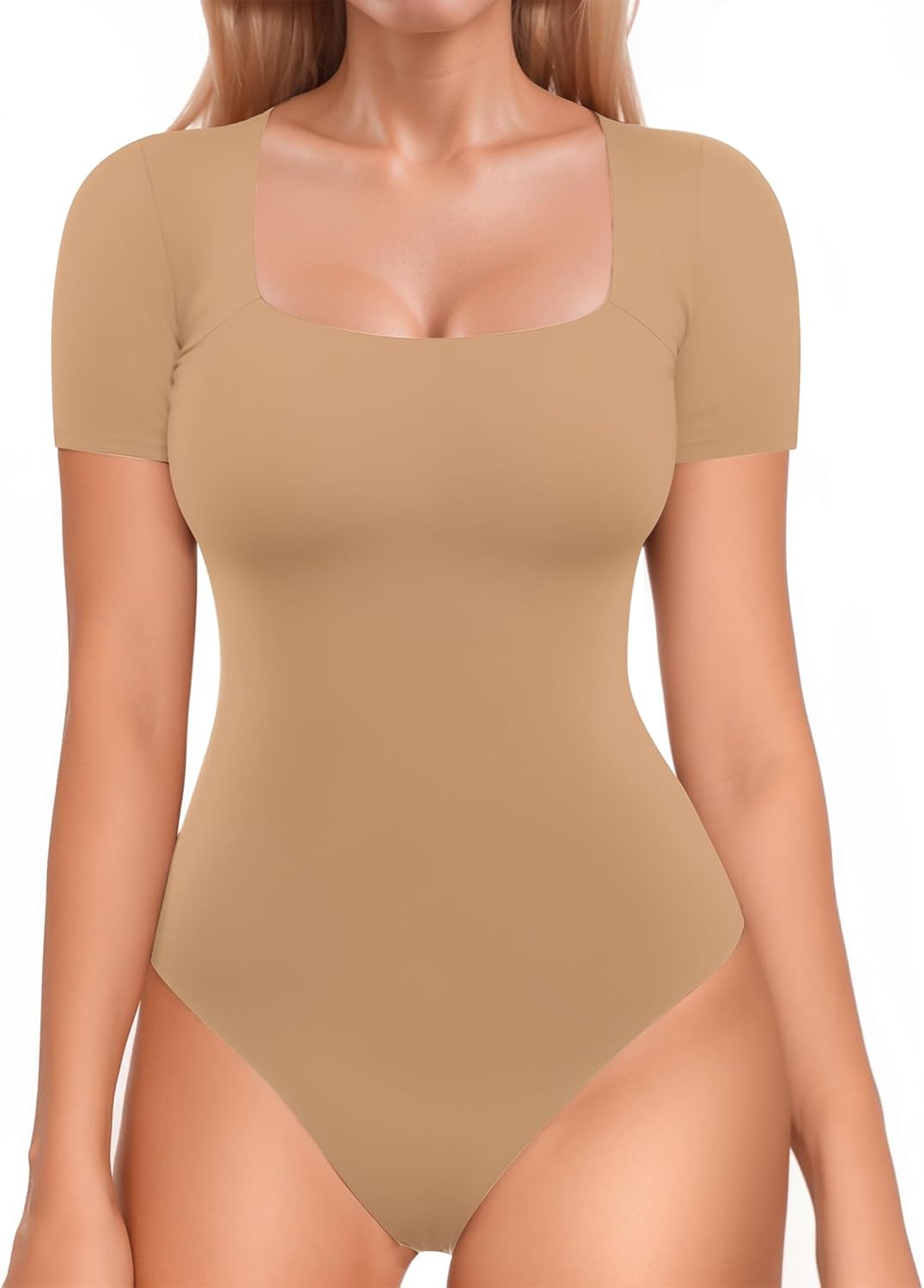 MANGOPOP Double Lined Short Sleeve Bodysuit for Women Square Neck Thong Bodysuits Second Skin Collection Short Sleeve Double Lined Medium Short Sleeve Ochre