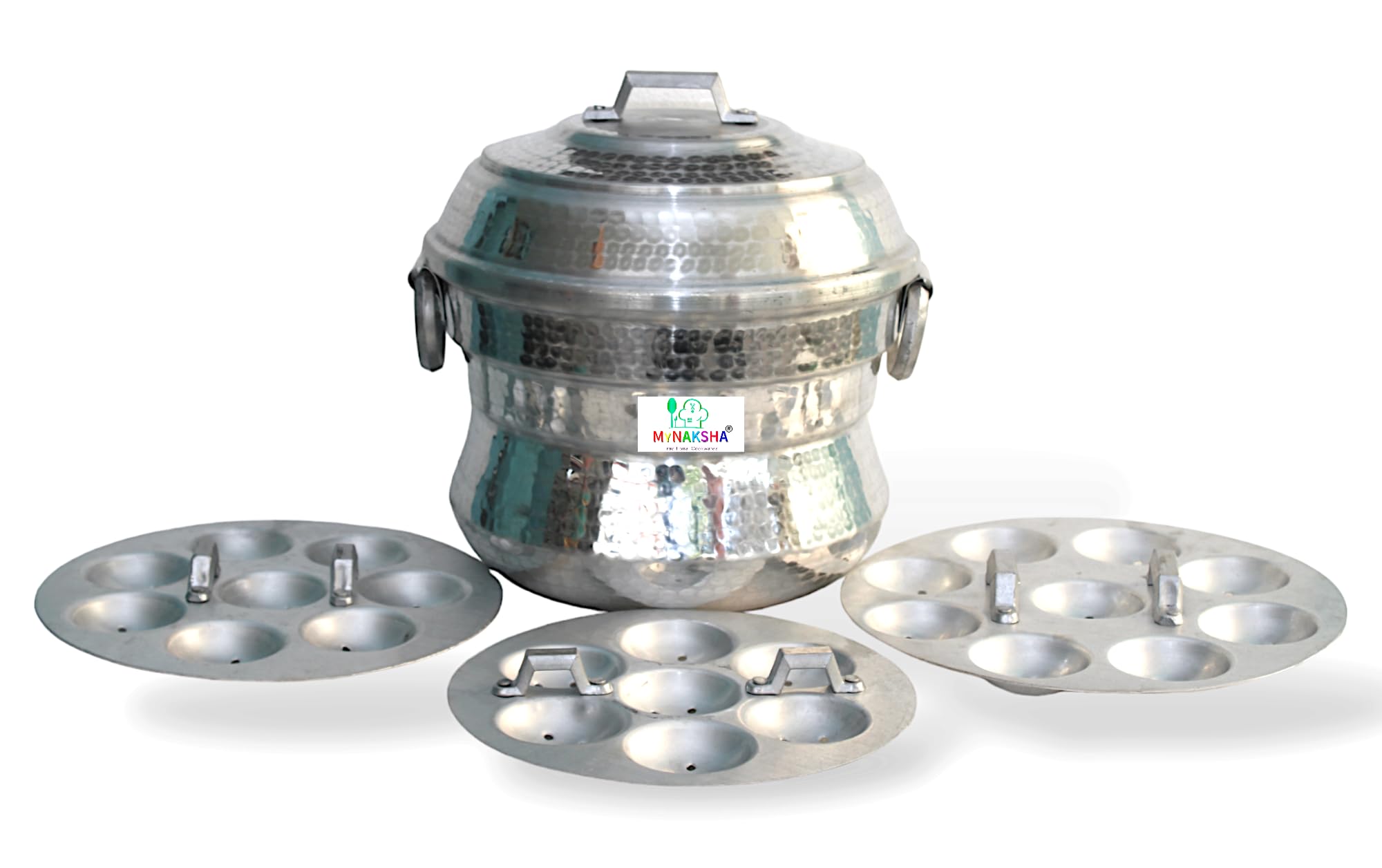 MYNAKSHA Anodised Aluminium Idly Maker/Idli Maker/satti/Steamer/Boiler/Cooker/Panai Weight 2.8 kg big size with 3 plate 25 idly hand made minor scratches to be expected, Silver