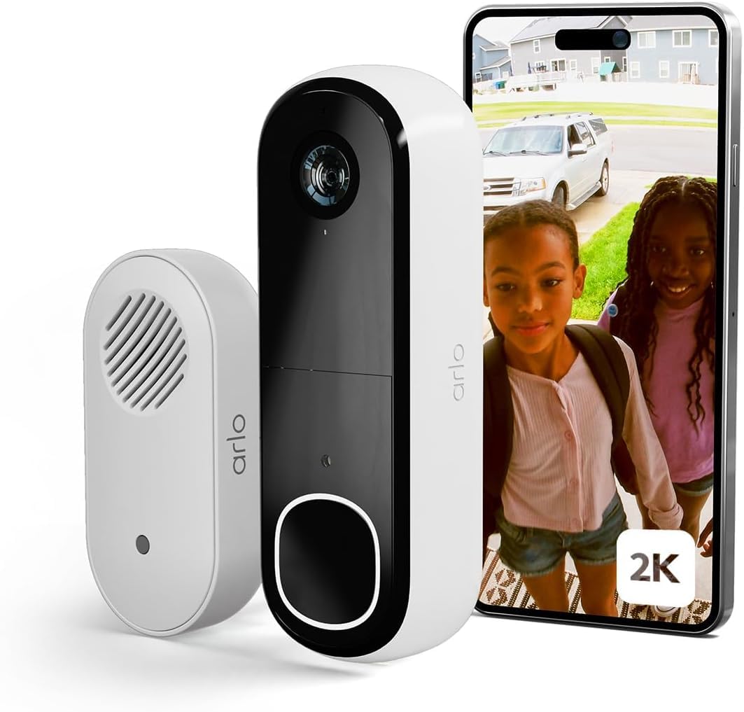 Arlo 2K Doorbell Camera Wireless and Chime, Outdoor WiFi Video Doorbell, Motion Sensor, CCTV Camera System, 6 Month Battery Operated Security Camera, Night Vision, Secure Trial Included, White, UK