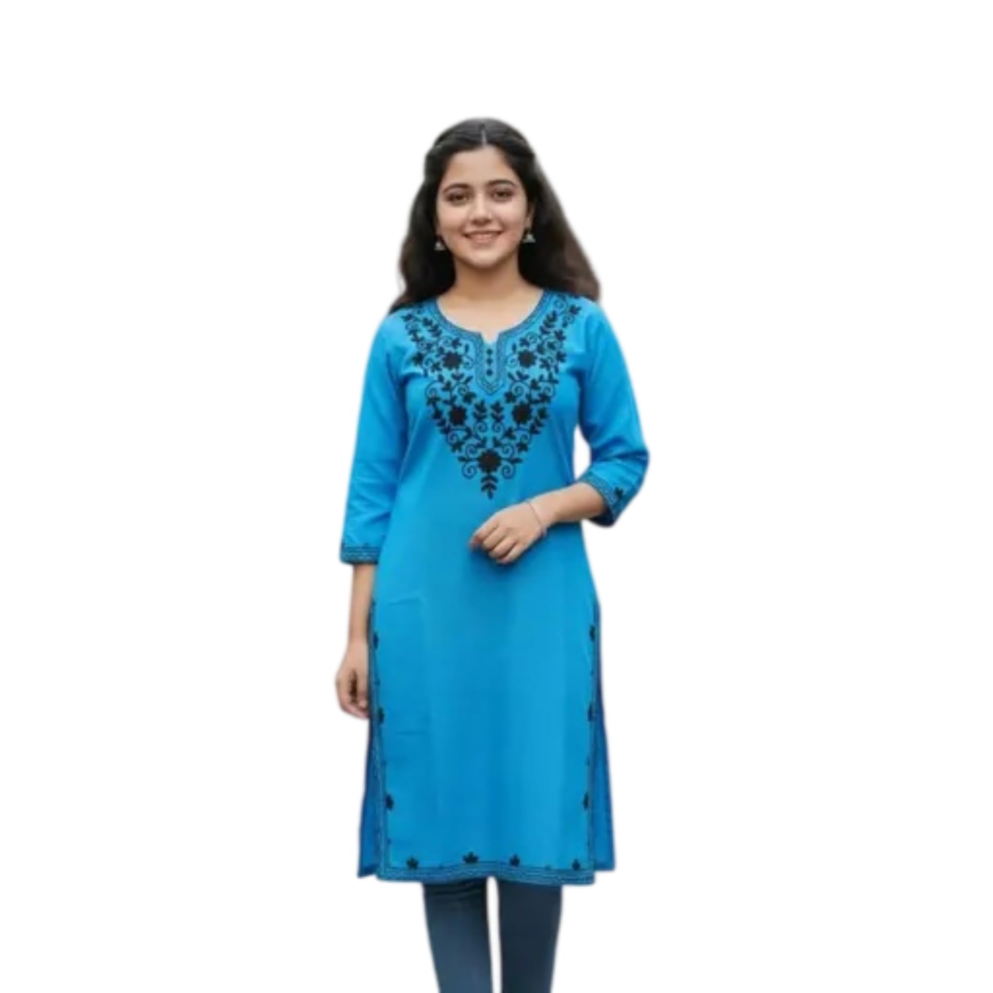 Women's Khadi Cotton Round Neck 3/4th Sleeves Ari Embroidered Regular Kurti_17-picture-25