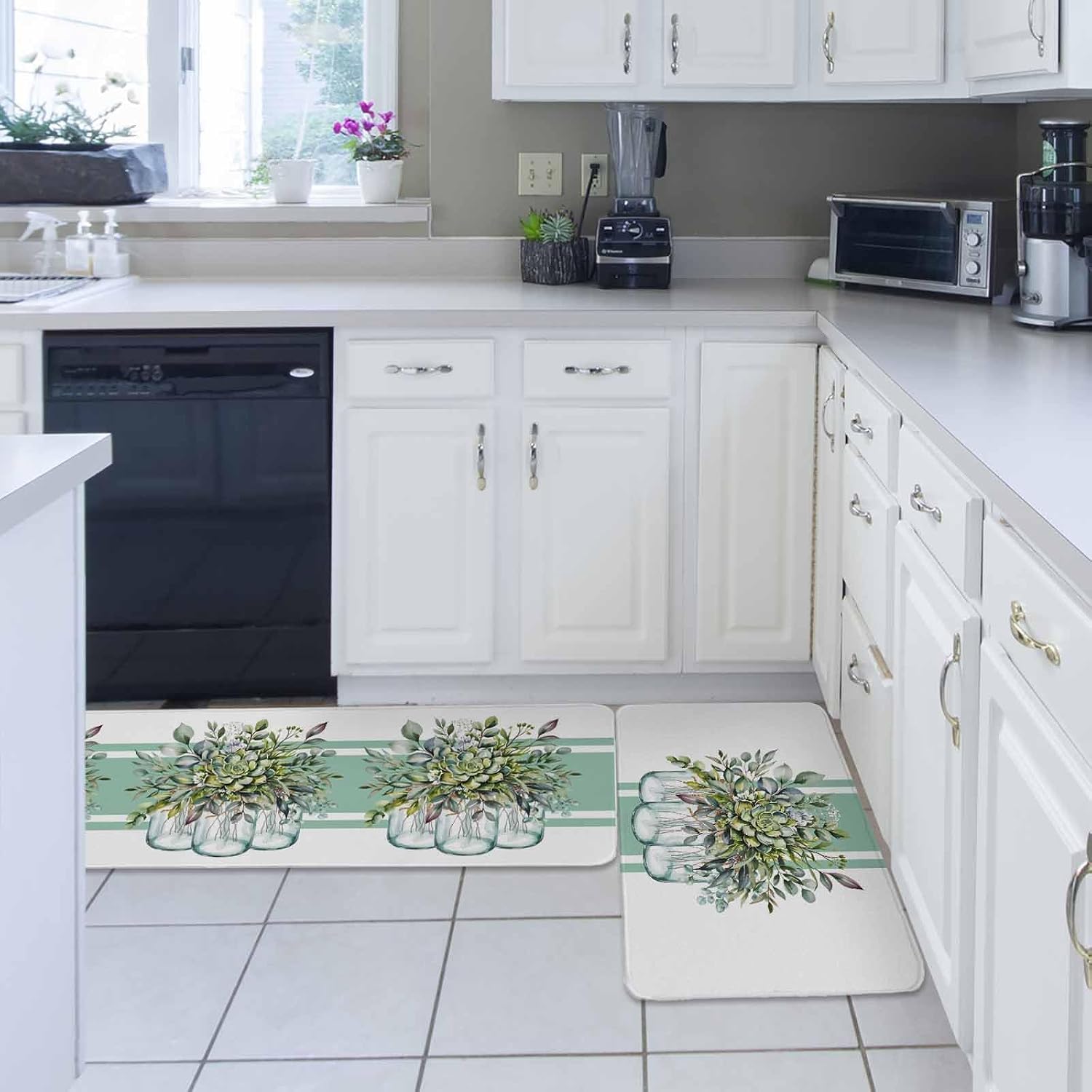 Sage Green Eucalyptus Leaves Kitchen Rugs and Mats Set of 2, Non-Slip Kitchen Sink Mat, Pastoral Summer Botanical Elegant Washable Doormat Bathroom Rugs Runner for Bedroom 19.7"x31.5"+19.7"x47.2"