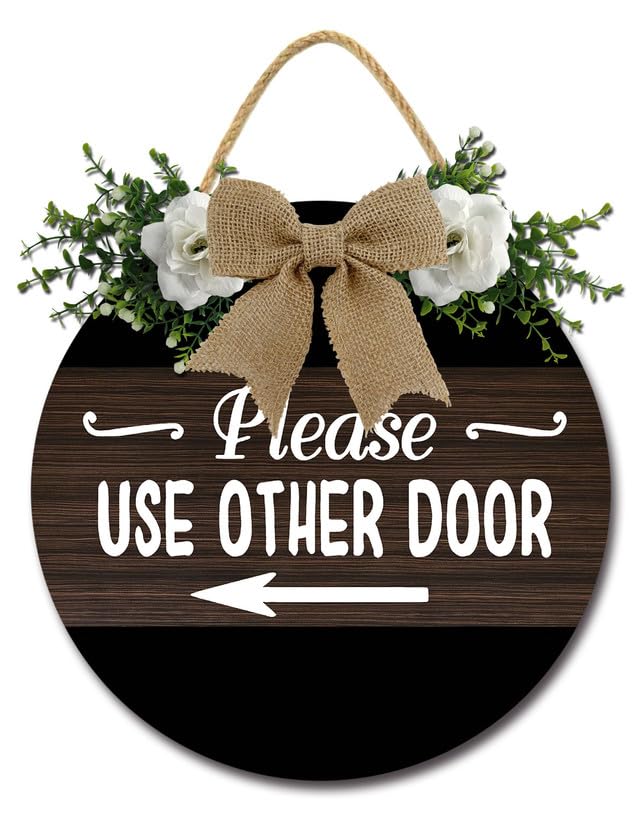 Geroclonup Please Use Other Door Sign Left Arrow Door Sign Round Wood Wreaths Door Hanging Welcome Sign for Front Door Porch Decor Home Office Decor for Outdoor Indoor 28cm