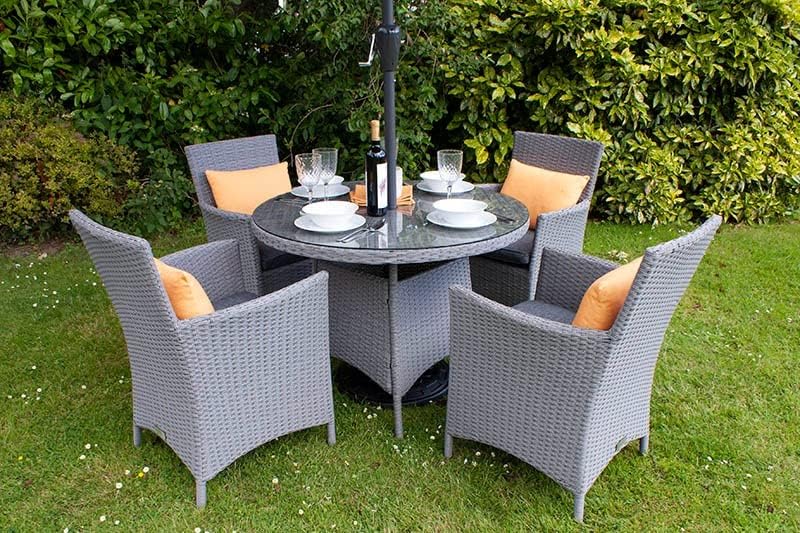 Wicker Outdoor Dining Set, 4 Seater Chair with Yellow Cushion, 1 Round Table with Parasol Hole, Set-image-29