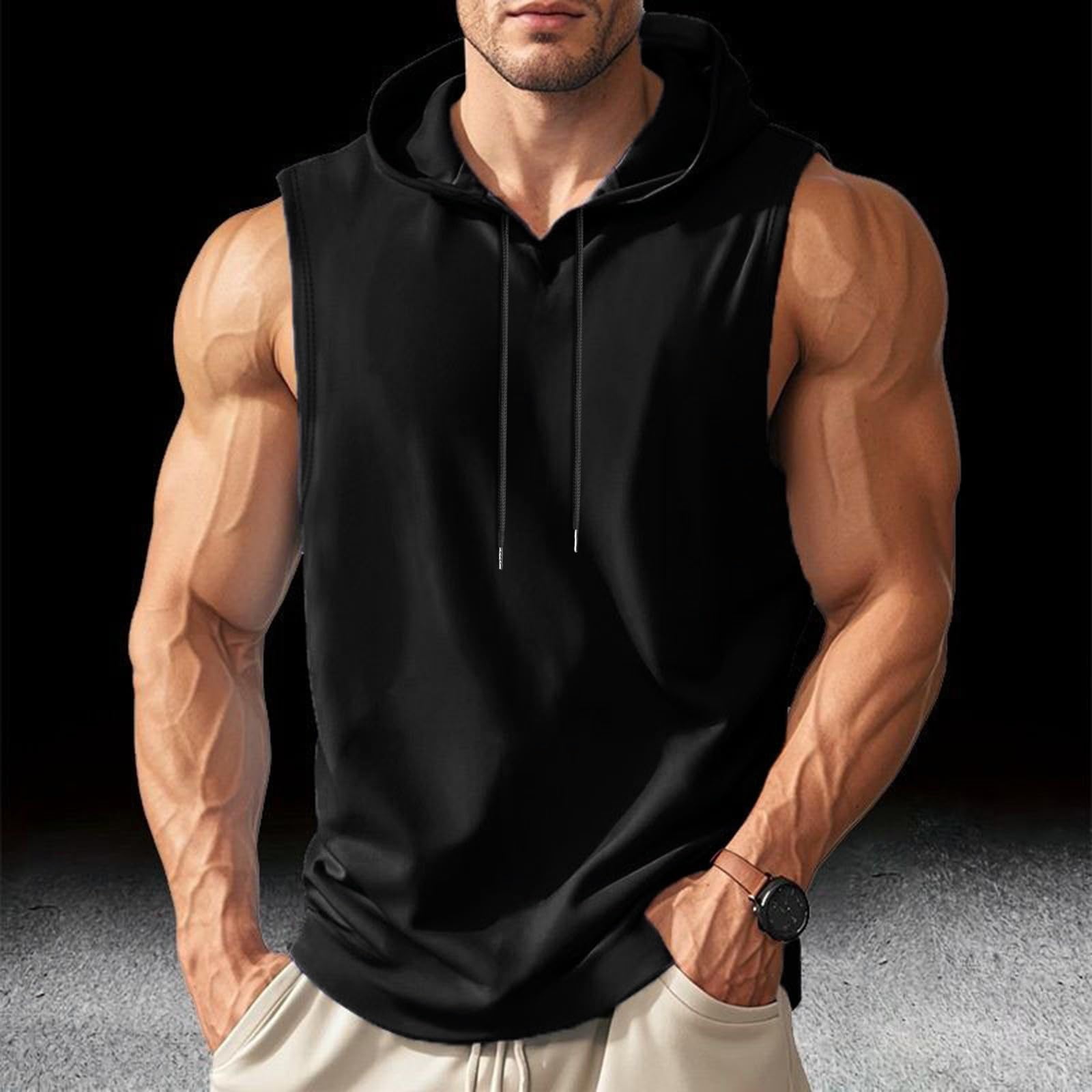 generisch T-shirt sans manches pour homme en coton avec capuche - Couleur unie - Débardeur de sport pour l'entraînement, la gym, le fitness, le bodybuilding