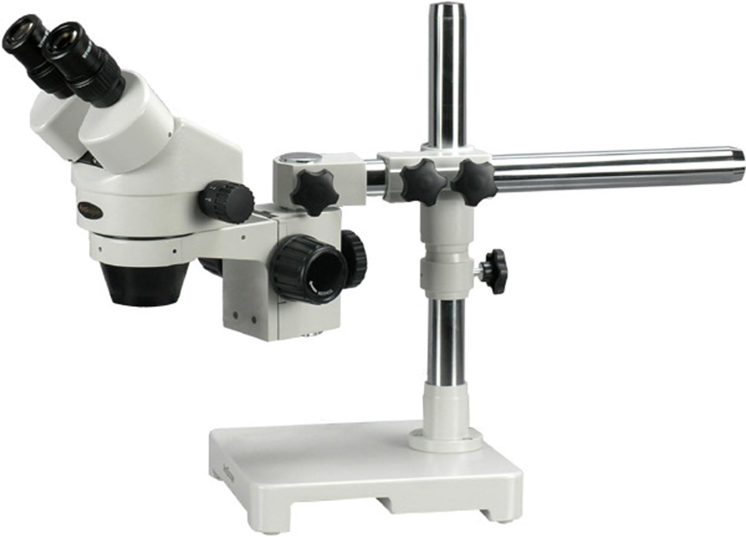 AmScope SM-3BZ-FOD Professional Binocular Stereo Zoom Microscope, WH10x Eyepieces, 3.5X-90X Magnification, 0.7X-4.5X Zoom Objective, Dual-Gooseneck Fiber-Optic Light, Single-Arm Boom Stand, 110V-120V, Includes 0.5x and 2.0x Barlow Lens