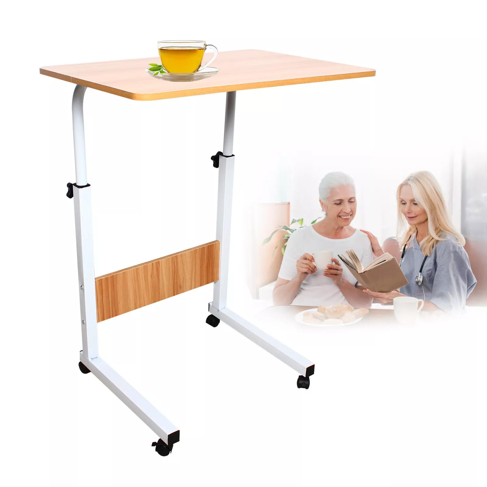 C-Form Endtisch Kleiner Sofa Beistelltisch Speichertisch Moderner Laptop Schreibtische Höhenverstellbare Kaffee Snack Tisch Laptop Stand mit Rädern, Rolling Laptop Tisch für Wohnzimmer Schlafzimmer