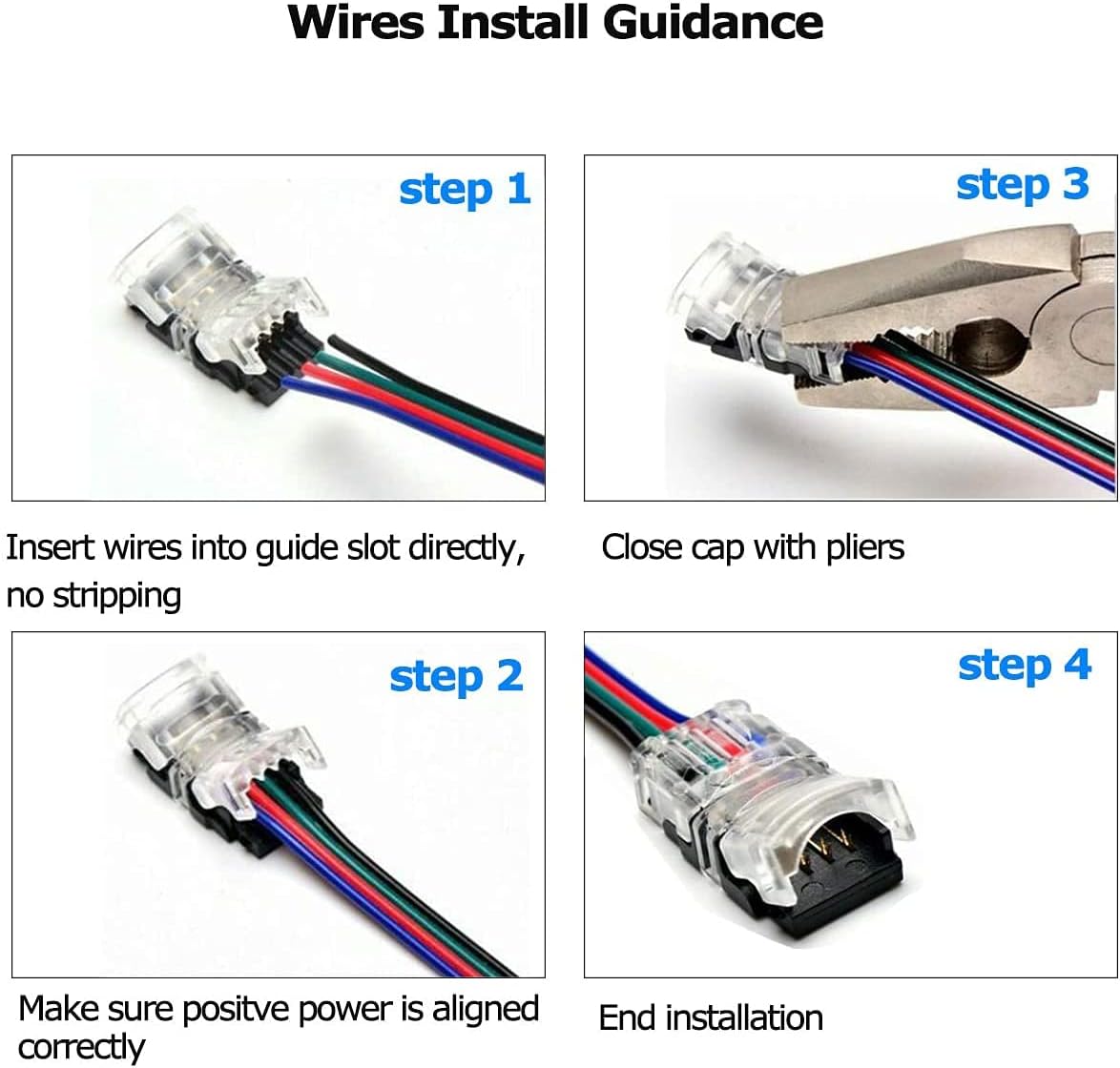 SUPERNIGHT 10 Pack 4 Pin LED Connector for Waterproof 10mm RGB 5050 LED Strip Lights, Strip to Wire Quick Connection Without Stripping, Include UL Listed 16.4ft 22 Gauge 4 Conductor Extension Cable