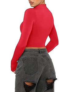 REORIA Women's Basic Cute Mock Turtleneck Long Sleeve Ribbed Tight Tshirts Crop Tops