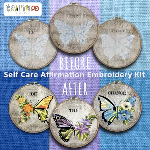 Image of CRAFTILOO Embroidery Kits for Adults Hand Embroidery kit for Beginners with Stamped Embroidery Patterns Starter Embroidery Kit. Needlepoint kit Cross Stitch kit for Teens& Adults Butterflies