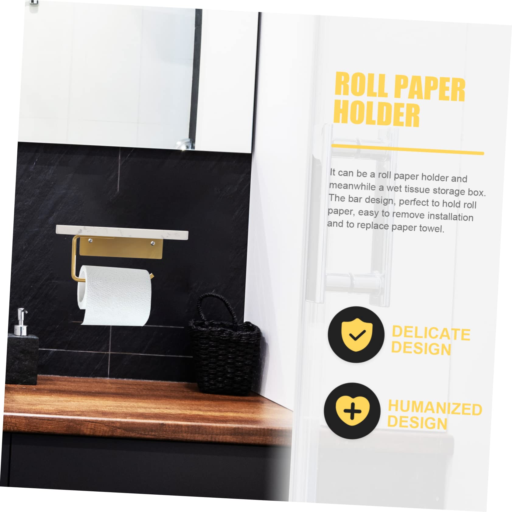 Holibanna Soporte de Papel Higiénico de Mármol Blanco con Repisa de Aluminio, Montado en Pared, para Baño y Aseo, Estilo Sencillo y Elegante