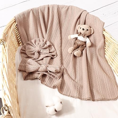 Image of DRESHOW BQUBO Newborn Receiving Blanket Toddler Warm for Girls with Bow Hat and Bow Headband Shower Gift