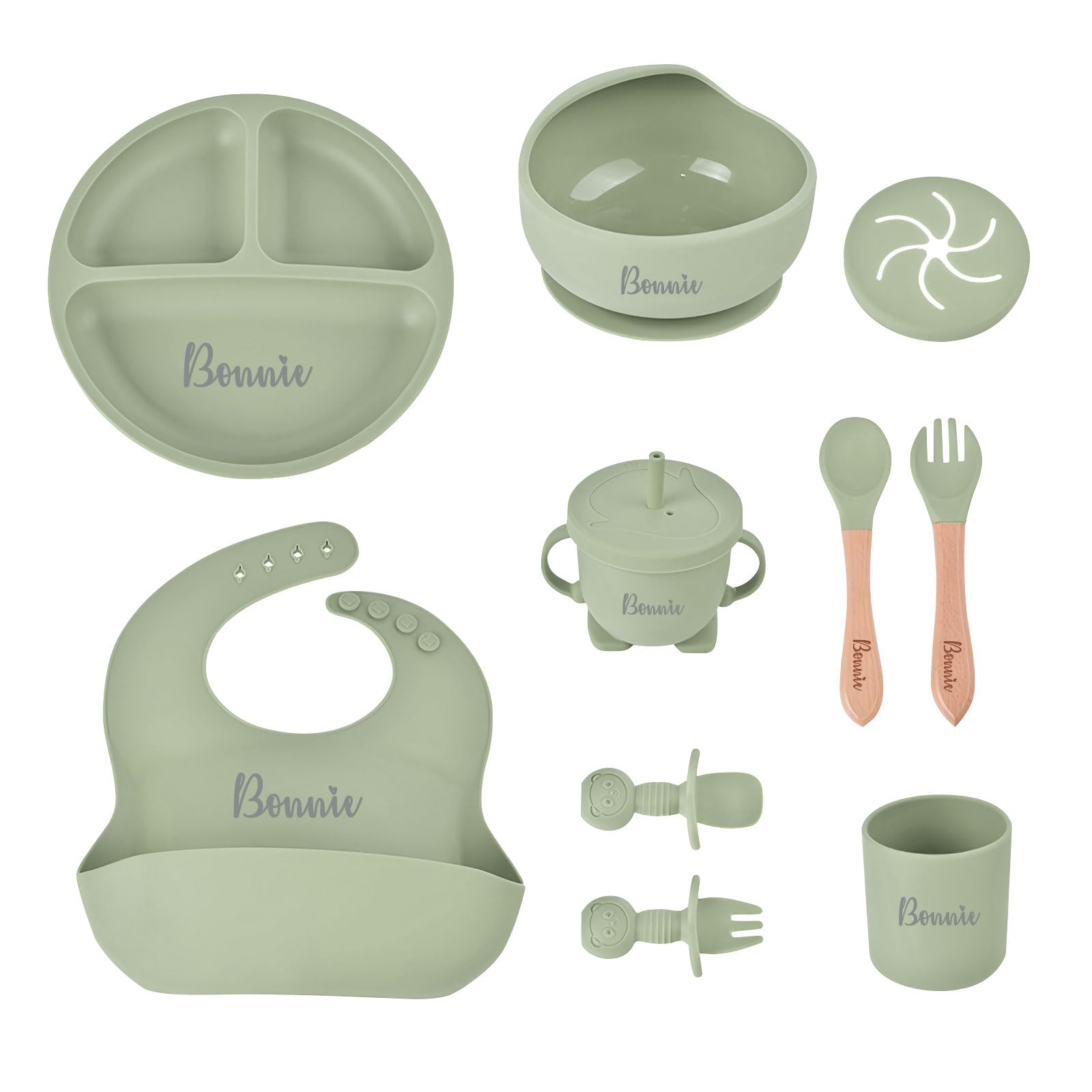Personalisiertes Silikon-Baby-Essset mit Namen, individuelles Baby-Selbstentwöhnungsset, Selbstfütterungsgeschirr mit Löffel, Gabel, Silikon-Saugnapfschale, Tasse, Teller Armeegrün
