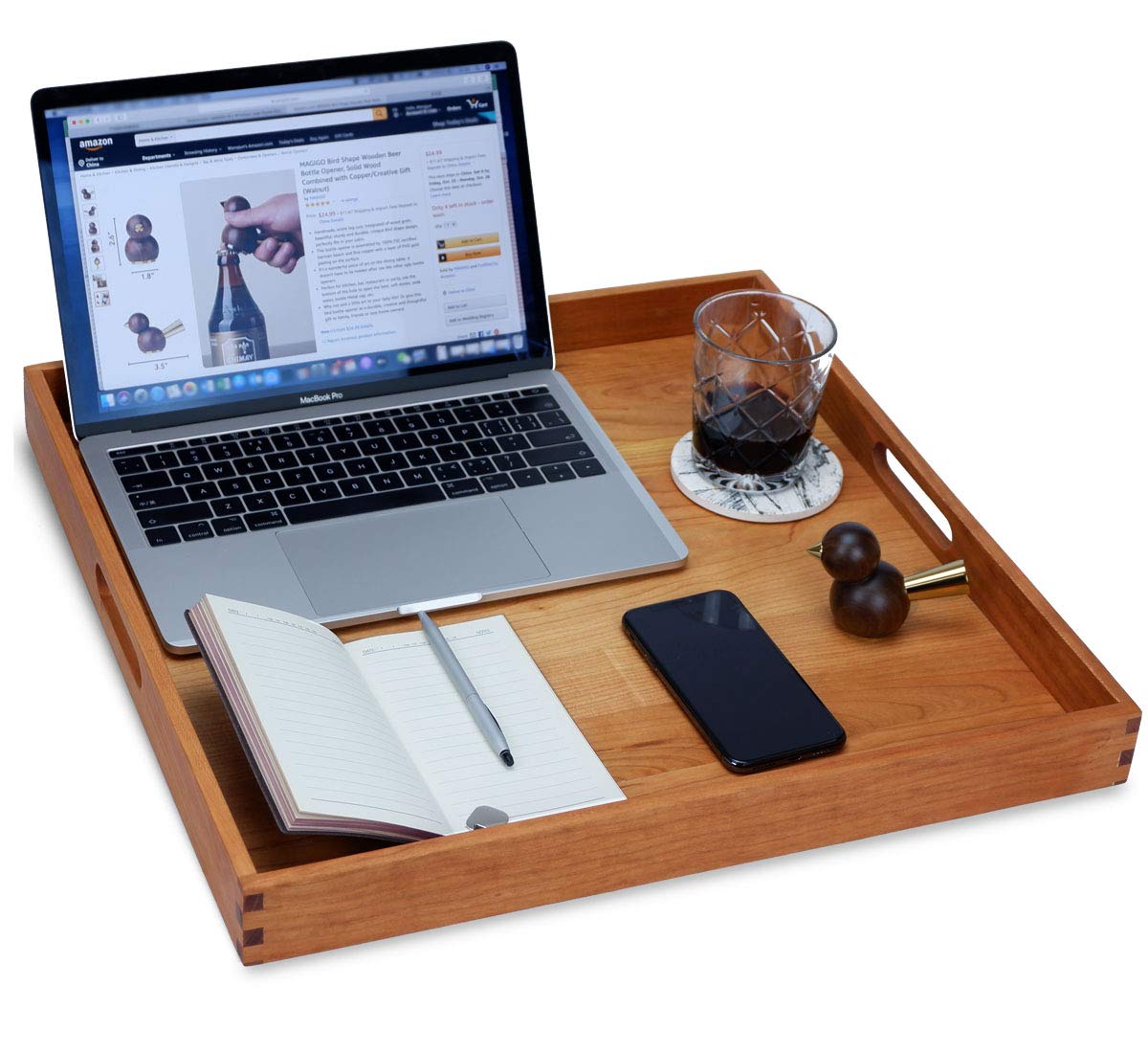 Grand plateau de service carré en bois de cerisier 48,3 x 48,3 cm avec poignées, pour servir du thé, du café