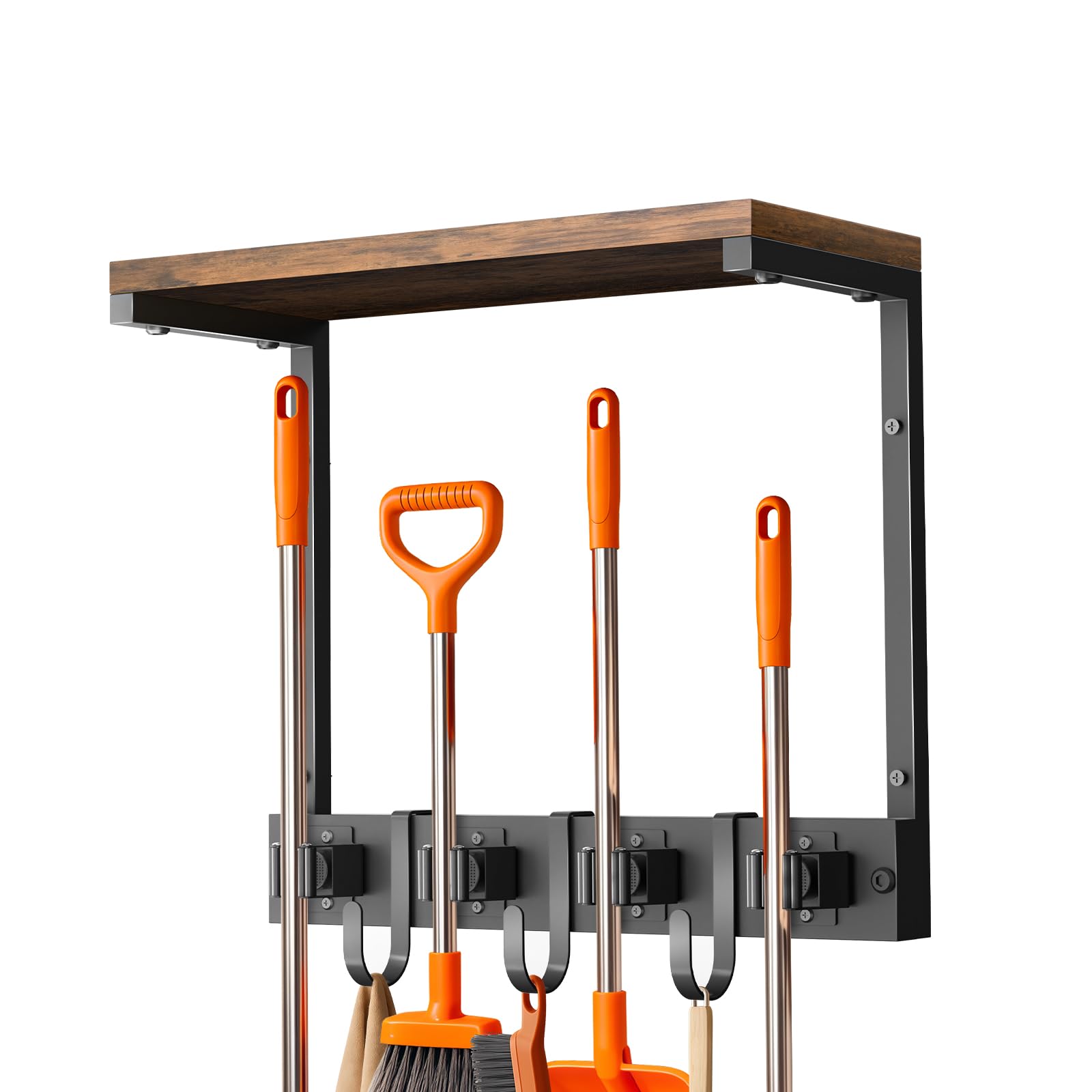 Porta scope da parete con mensola superiore in legno, supporto in metallo resistente per accessori di pulizia con 4 supporti e 3 ganci per lavanderia, garage, ripostiglio e cucina (Piccolo)