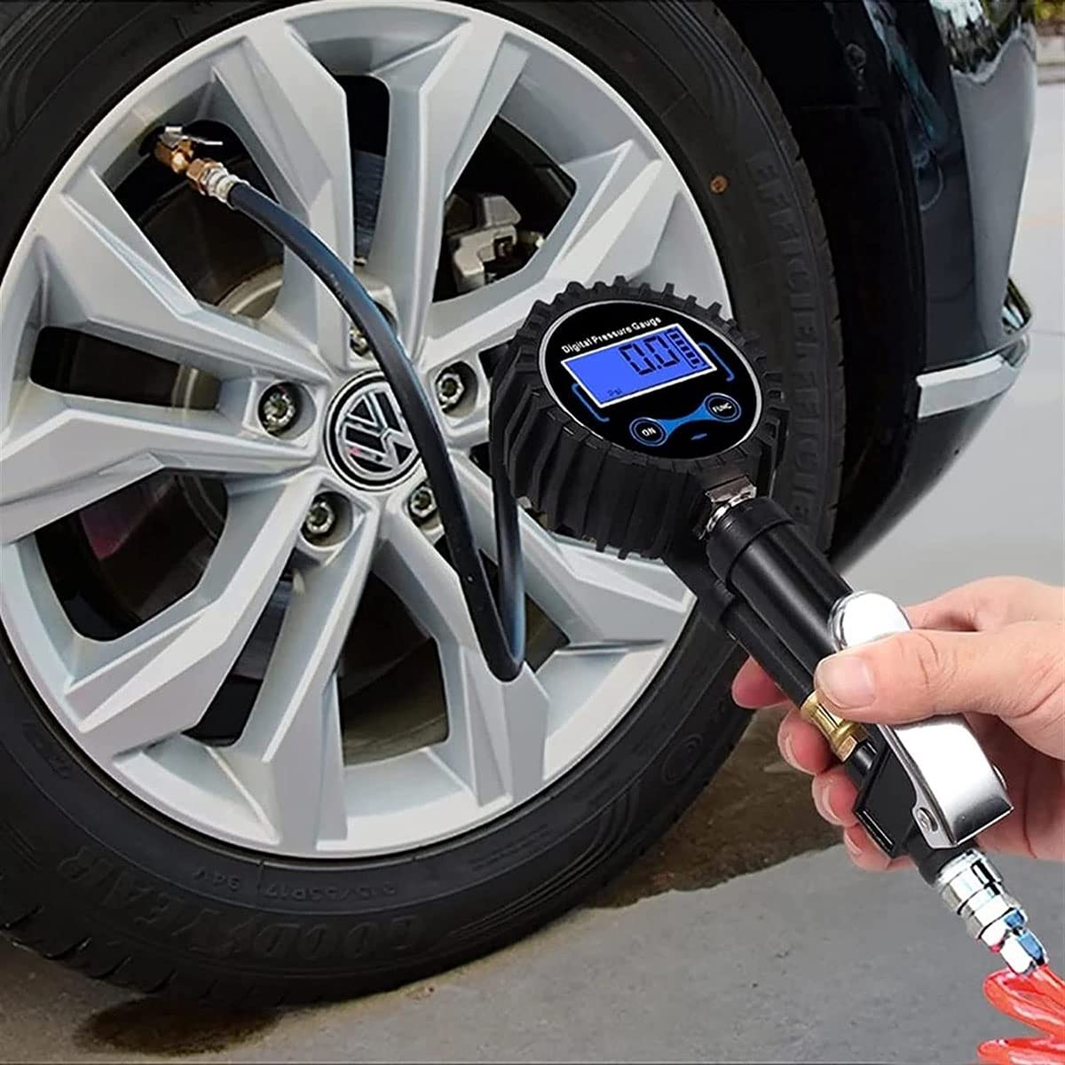 Inflador de neumáticos Digital 0-200PSI con manómetro con 4 Tapas de válvula Indicador de inflado de neumáticos de Acero con Manguera de Goma