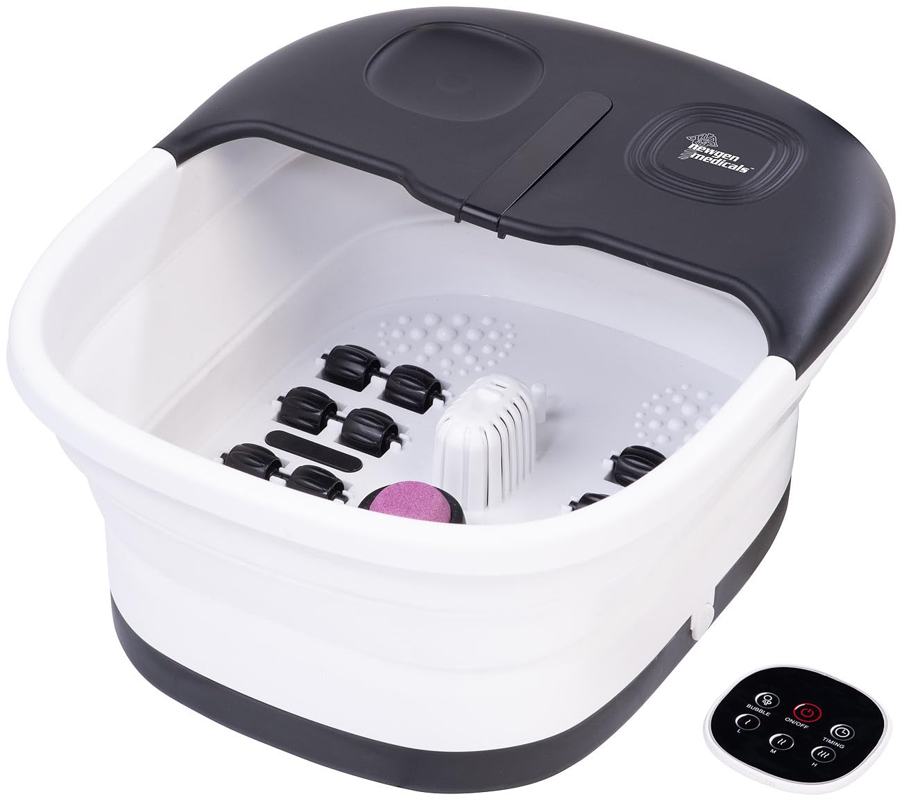 newgen medicals Pediluvio Pieghevole con Massaggio a Bolle d'Aria, 16 Rulli, 3 Livelli di Temperatura, Telecomando, 500 W, Bianco/Grigio Scuro