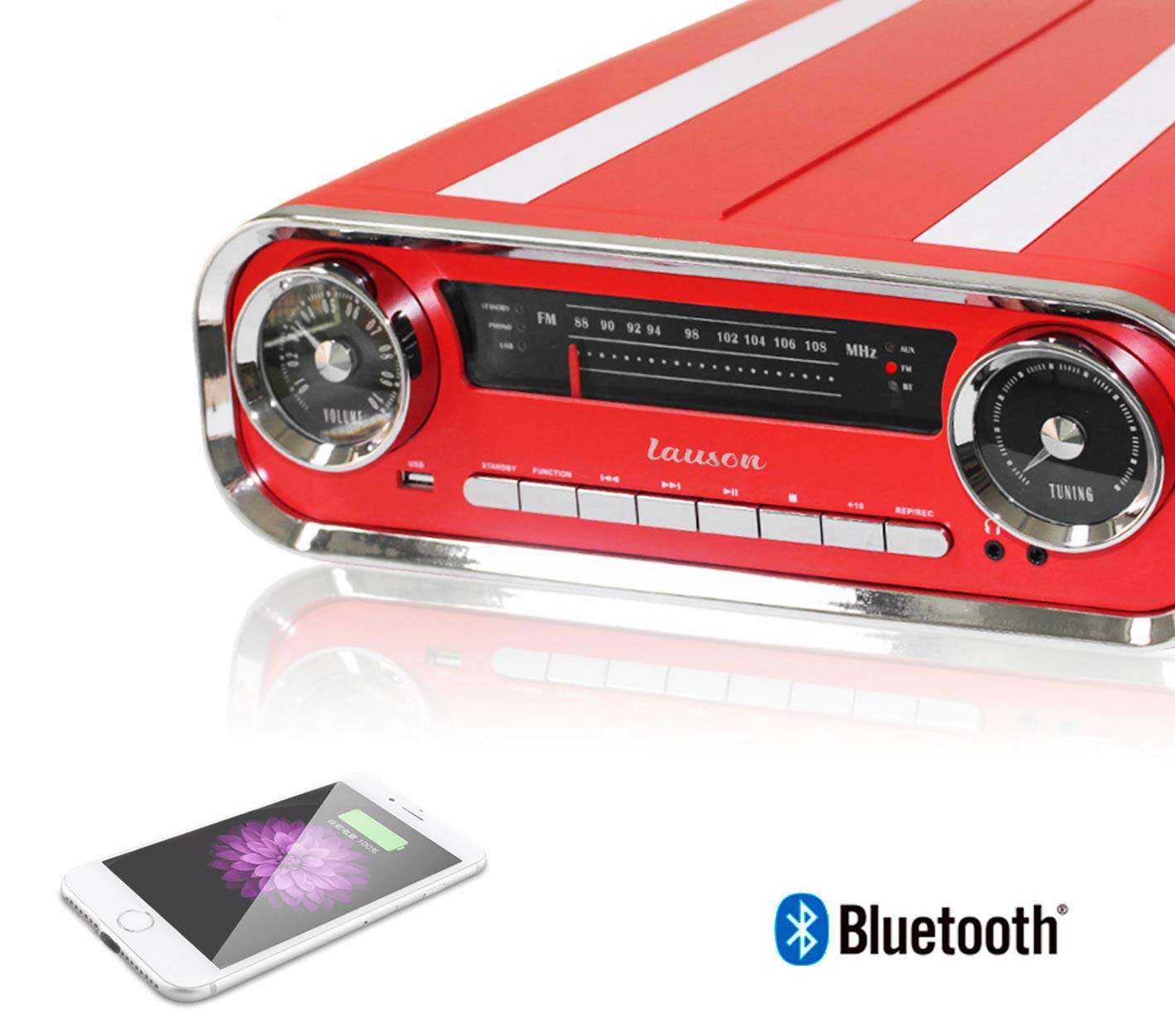Lauson 01TT17 Tocadiscos Diseño Vintage Coche de Colección con 2 Altavoces Estéreo Integrado de 3 W | Tocadisco Vinilo con Radio FM, Función Bluetooth, USB, AUX | 3 Velocidades (33, 45, 78) (Rojo)