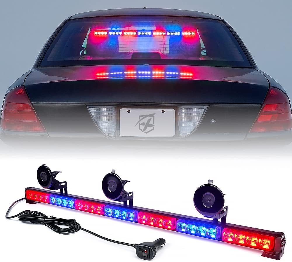 Xprite Police Lights, 31.5 Inch LED Traffic Advisor Light Bar, 21 Flashing Patterns w/Suction Cup, Interior Windshield Deck Emergency Lights for Vehicle Police Volunteer Trucks - Red & Blue