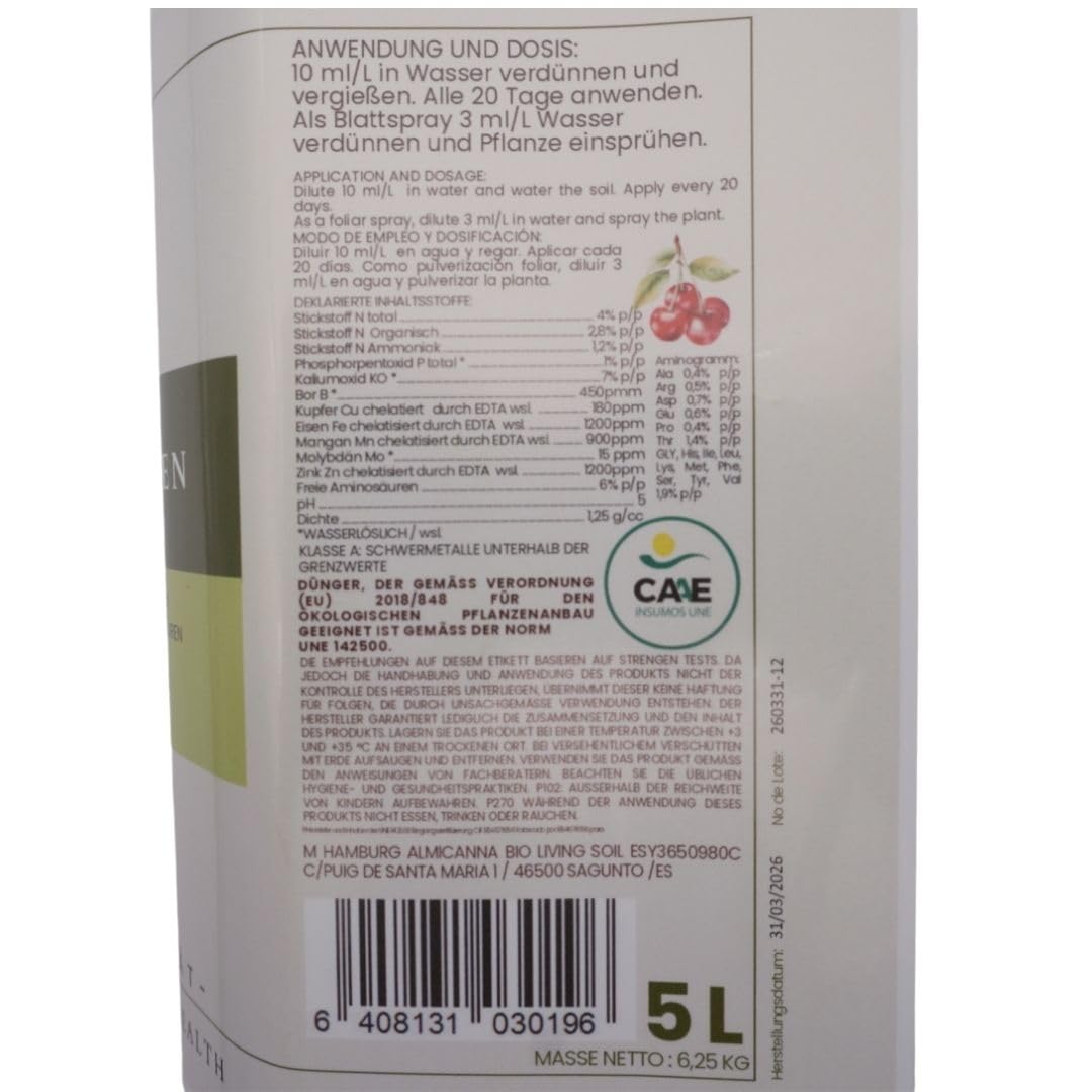 BIO GEMÜSEGARTEN DÜNGER FLÜSSIG 5L - NPK 4-1-7 mit Mikronährstoffen (B, Cu, Fe, Mn, Mo, Zn) und Aminosäuren - Universal-Flüssigdünger für Gemüse