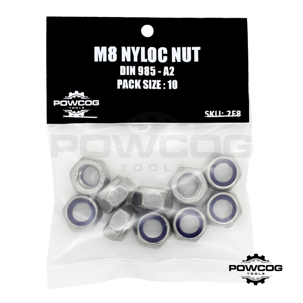 Powcog M8 Nyloc Nut - A2 Stainless Steel Lock Nuts Grade 304 Metric - Din 985 - By Powcog® - Pack Of 10