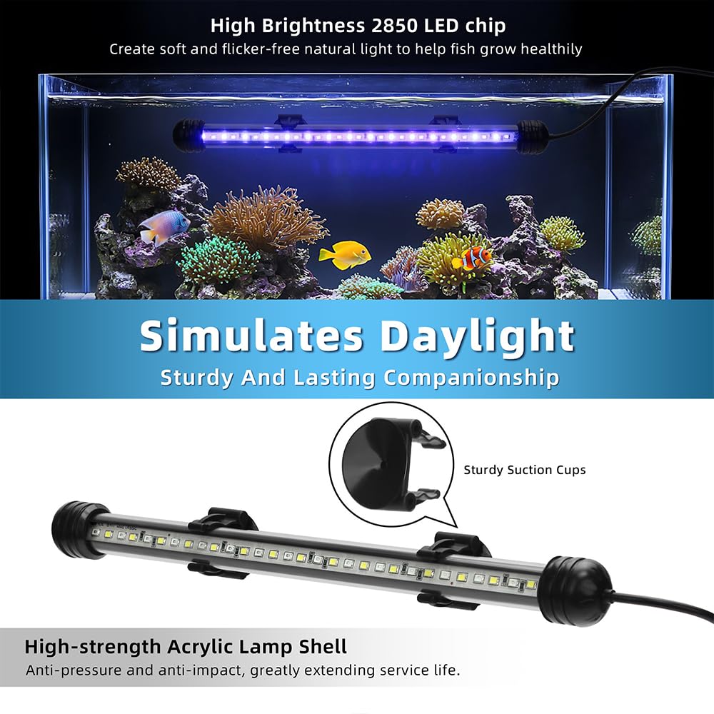 LED Submersible Aquarium Light 4W Underwater Fish Tank Light with Blue White&Blue and White Three Light Modes Timer Automatic On/Off and Dimmer Brightness Adjustable (7.5inch)