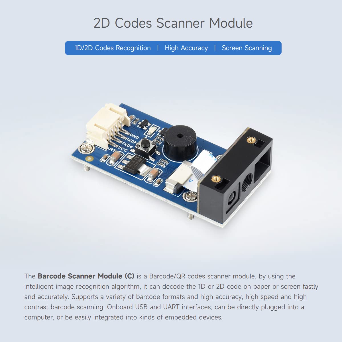 Waveshare 2D Codes Scanner Module (C), Supports High Accuracy Barcode Scanning, Barcode/QR Code Reader,1D/2D Codes Recognition,High Accuracy,Screen Scanning