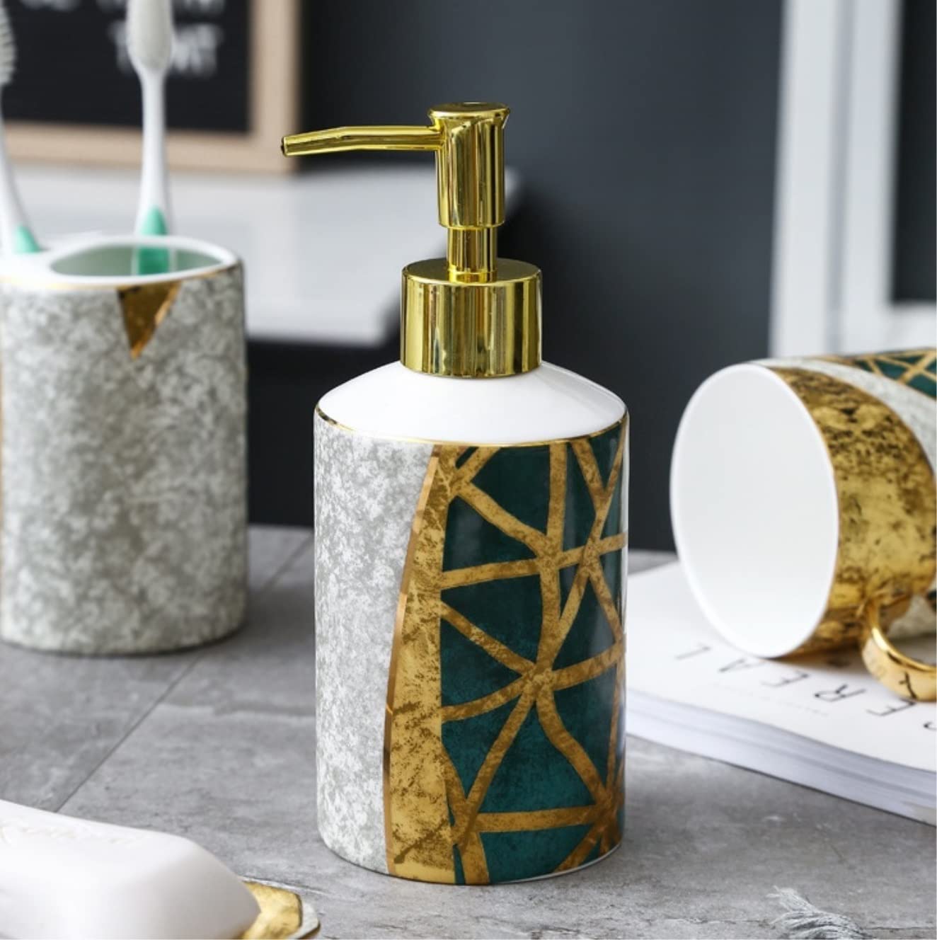 Zestaw Dozowników Mydła Zestaw Akcesoriów Łazienkowych Do Użytku Domowego Nordic Marmur Zielony I Ceramiczny Kąpieli Phnom Penh Na Prezent Parapetówkę Łazienka