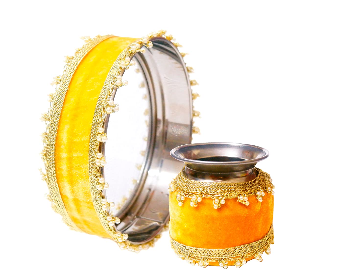 Loops n knots Karwachauth/Karwa Chauth Handcrafted Decorated Yellow Puja channi/Pooja Decorative Lota/Pot &Channi/Sieve (Pink)