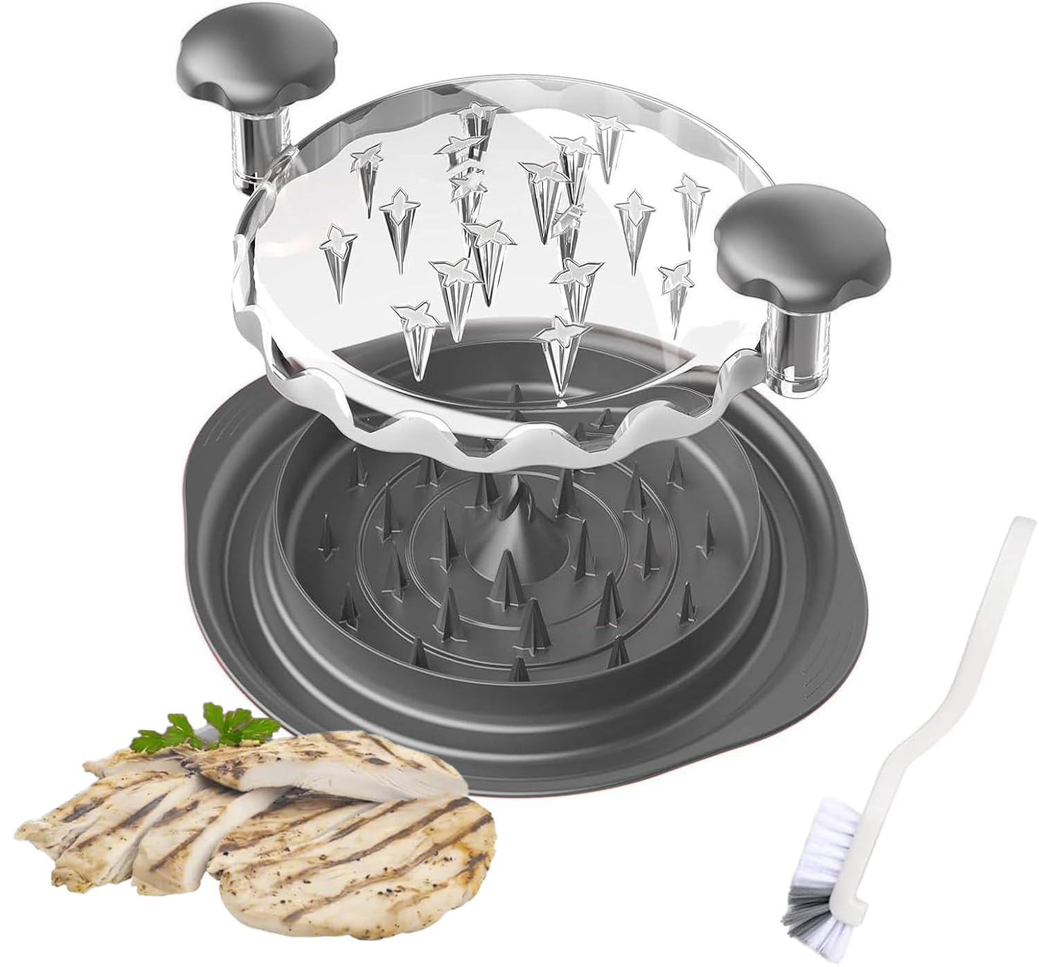 Trituratore di pollo, strumento di triturazione del petto di pollo visibile con spazzola, grande trituratore per carne, manico ergonomico, antiscivolo, resistente al calore, lavabile in lavastoviglie