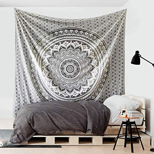 VKMarotia Queen Size Ombre Mandala Bohemian Hippie College Room Dorm Tapestry Single Bedsheet Beach Towel Picnic mat Decoration (Black, Queen)