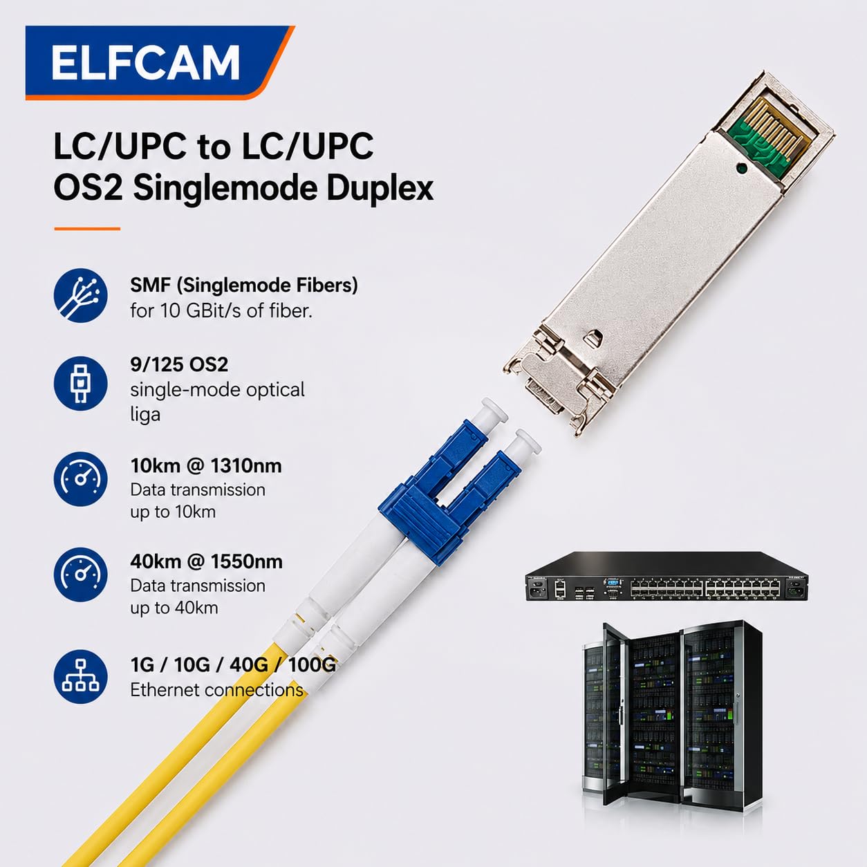 Elfcam Cavo Fibra Ottica LC/UPC per LC/UPC OS2 Monomodale Duplex 9/125um LSZH, 30M