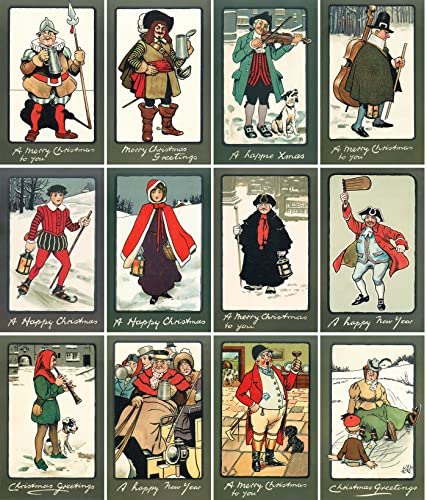 Image of PIXILUV VINTAGE CHRISTMAS (Pack of 12) Notecards Small Greeting Cards # Happy Yuletide Different Historic Time Periods ~ Vintage Christmas Postcards Reprint