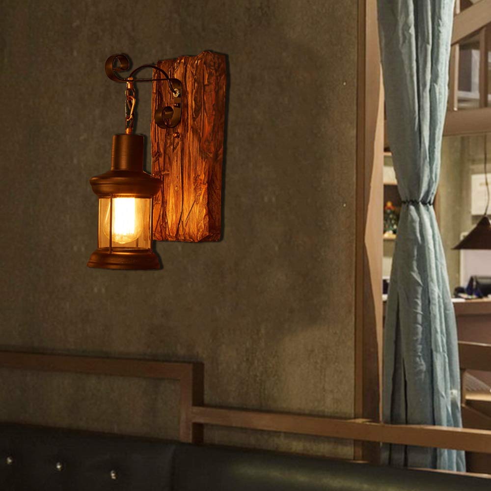Rustic Retro Solid Wood Sconce E27 Wall Lamp Art Iron Lantern Antique Bar Cafe Restaurant Wall Lighting Living Room Bedroom Decorative Lighting Glass Wall Lamp Interior